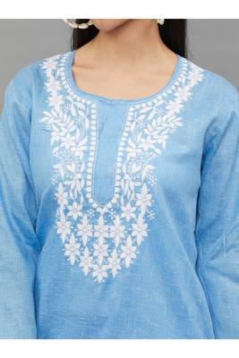 Skyblue Lucknowi Chikankari Cotton Straight 3/4 th sleeves kurta for Women 4