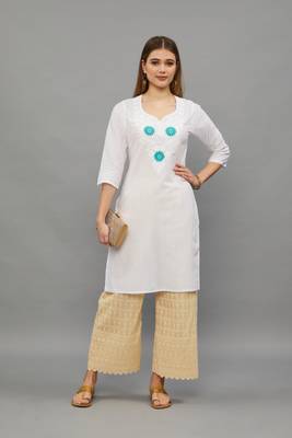 Ramagreen Lucknowi Chikankari Cotton Straight 3/4 th sleeves kurta for Women 1