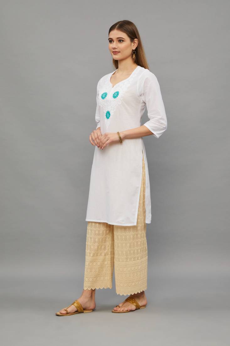 Ramagreen Lucknowi Chikankari Cotton Straight 3/4 th sleeves kurta for Women