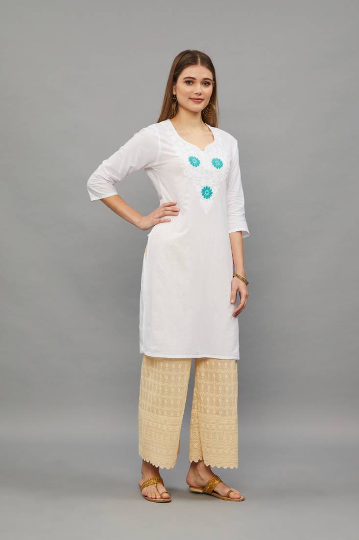 Ramagreen Lucknowi Chikankari Cotton Straight 3/4 th sleeves kurta for Women
