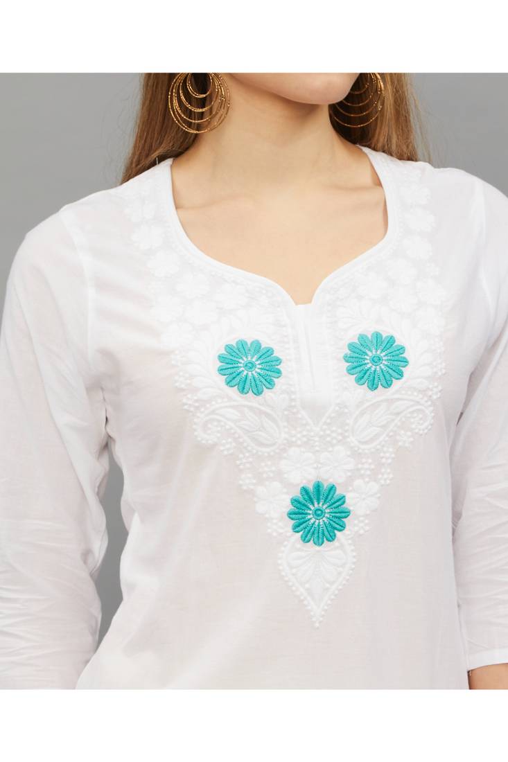 Ramagreen Lucknowi Chikankari Cotton Straight 3/4 th sleeves kurta for Women