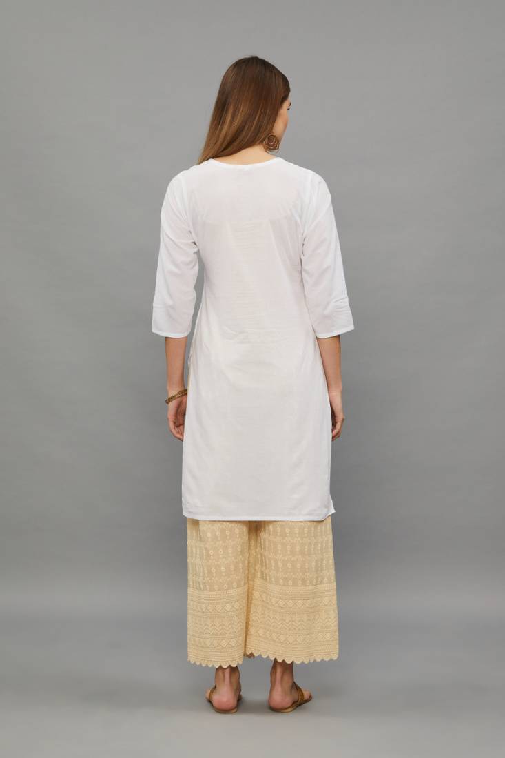 Ramagreen Lucknowi Chikankari Cotton Straight 3/4 th sleeves kurta for Women