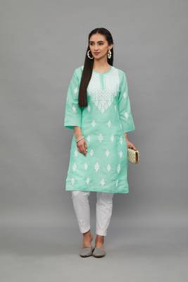 SeaGren Lucknowi Chikankari Khadi Cotton Straight 3/4 th sleeves kurta for Women 1