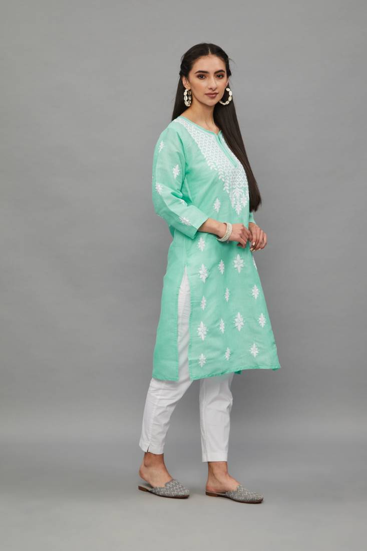 SeaGren Lucknowi Chikankari Khadi Cotton Straight 3/4 th sleeves kurta for Women