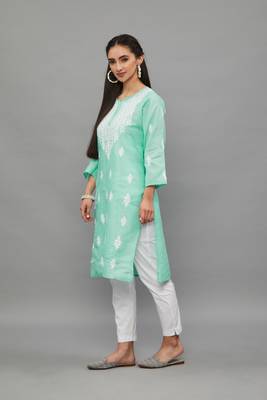 SeaGren Lucknowi Chikankari Khadi Cotton Straight 3/4 th sleeves kurta for Women 3