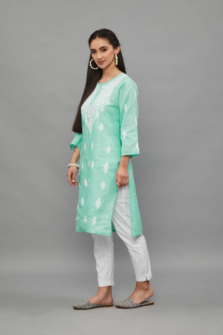 SeaGren Lucknowi Chikankari Khadi Cotton Straight 3/4 th sleeves kurta for Women
