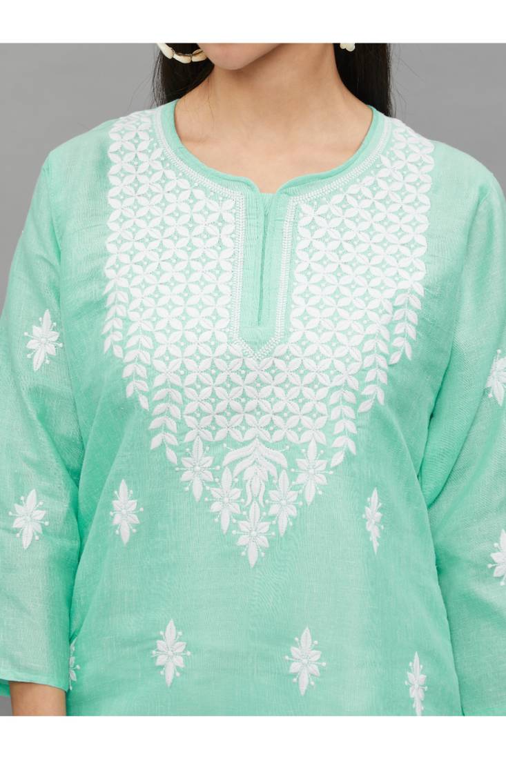 SeaGren Lucknowi Chikankari Khadi Cotton Straight 3/4 th sleeves kurta for Women