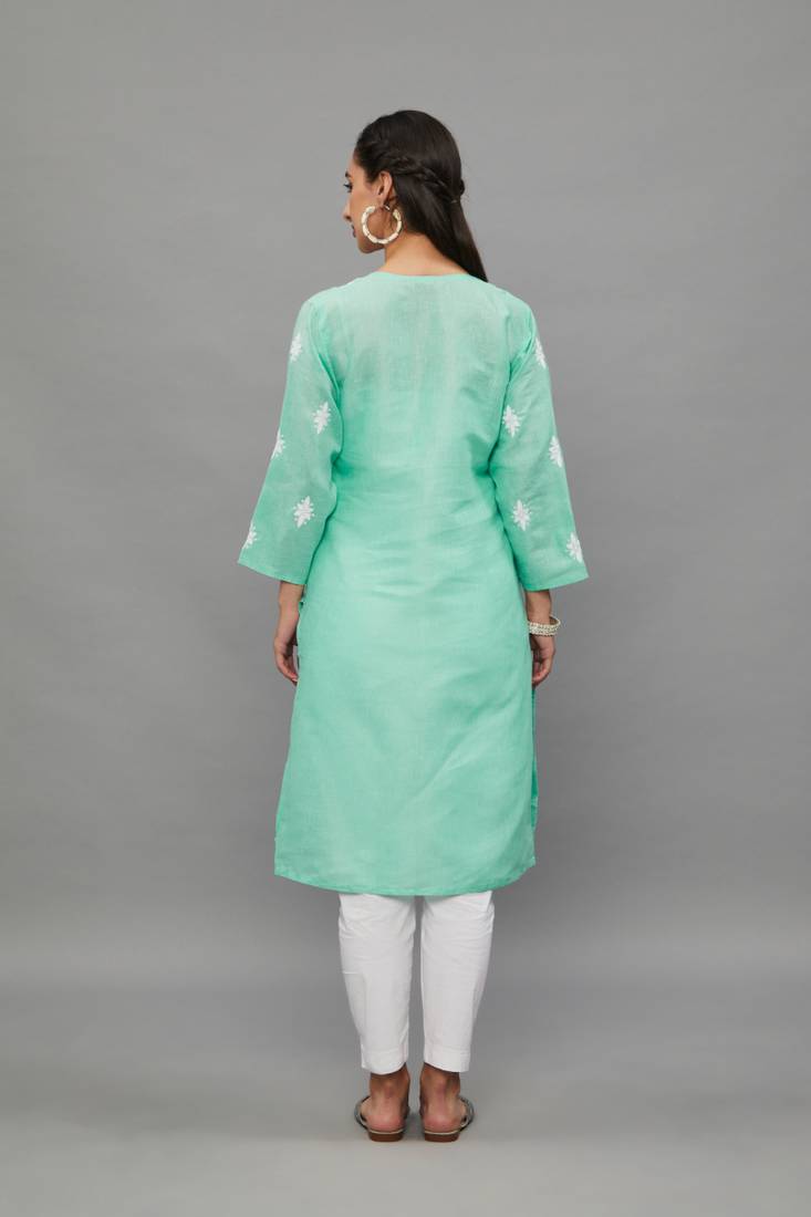 SeaGren Lucknowi Chikankari Khadi Cotton Straight 3/4 th sleeves kurta for Women