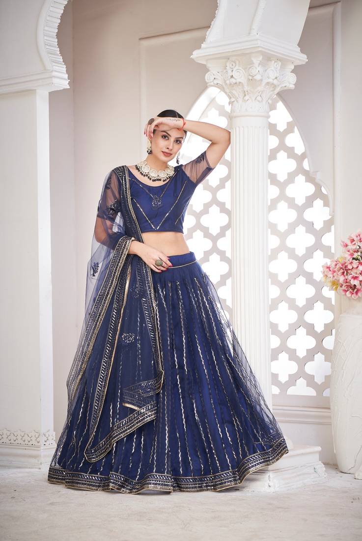 Navy Blue Net Sequince Work Lehenga Choili With Dupatta For Women