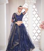 Navy Blue Net Sequince Work Lehenga Choili With Dupatta For Women