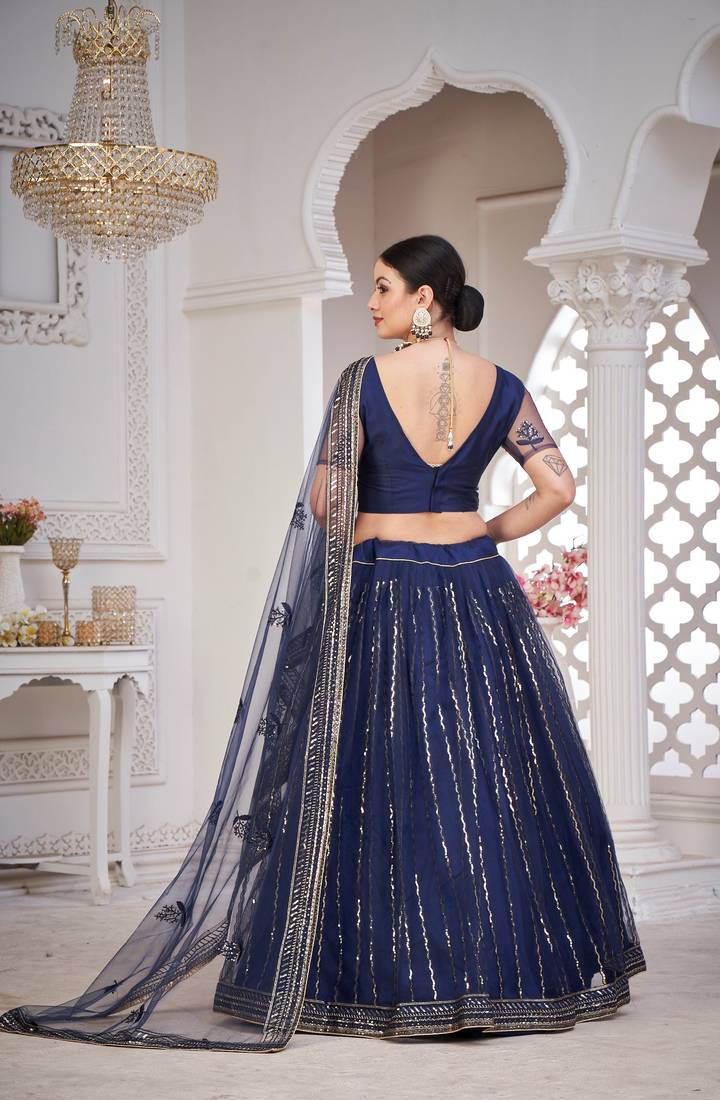 Navy Blue Net Sequince Work Lehenga Choili With Dupatta For Women