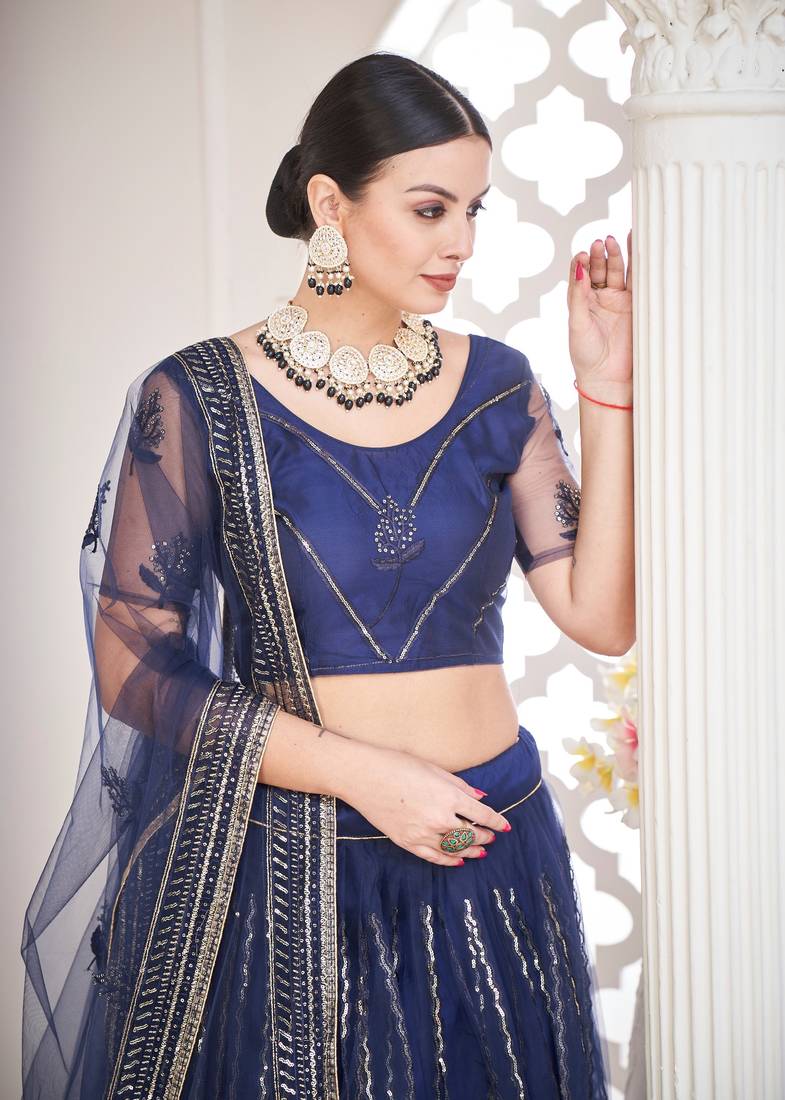 Navy Blue Net Sequince Work Lehenga Choili With Dupatta For Women