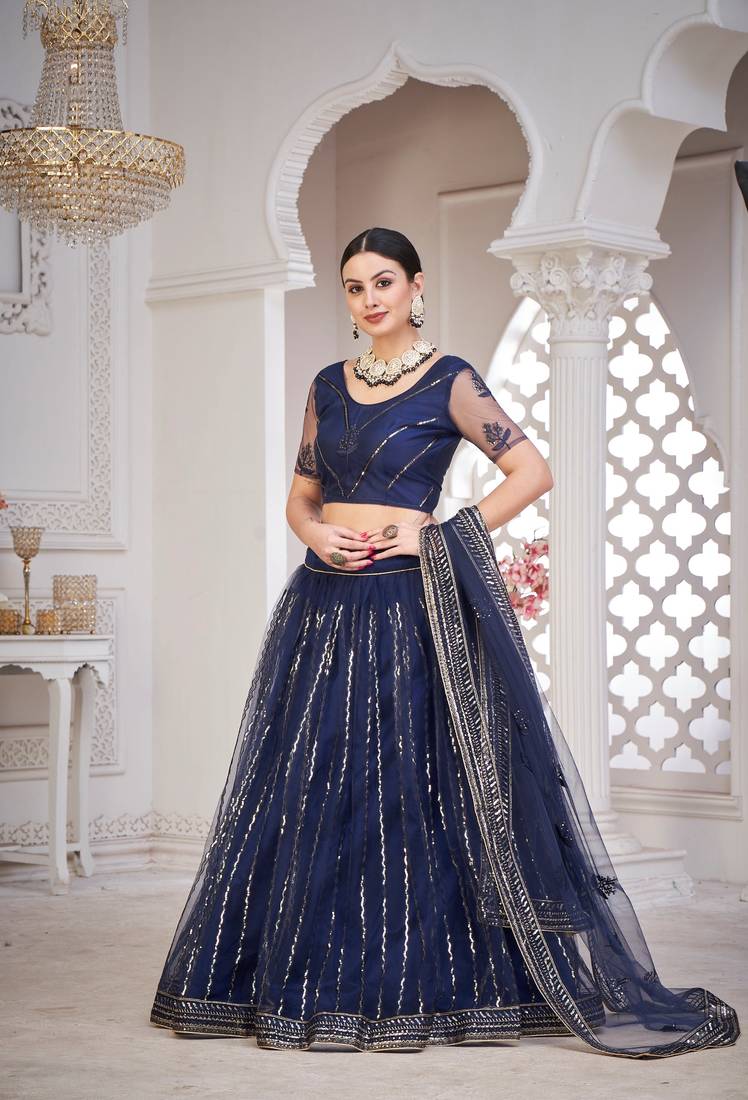 Navy Blue Net Sequince Work Lehenga Choili With Dupatta For Women