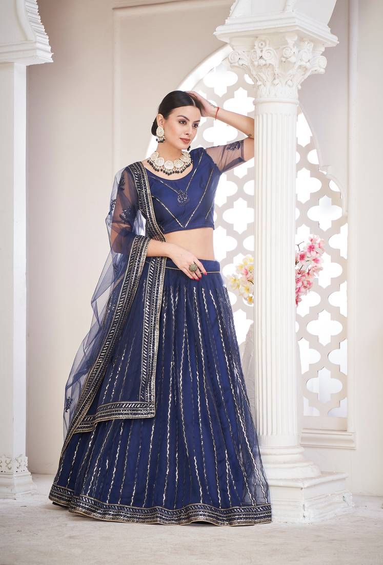 Navy Blue Net Sequince Work Lehenga Choili With Dupatta For Women