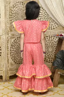 Dark Peach and Gold Sharara Top with Yellow Lace Detailing