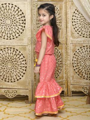 Dark Peach and Gold Sharara Top with Yellow Lace Detailing 3