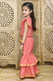 Dark Peach and Gold Sharara Top with Yellow Lace Detailing