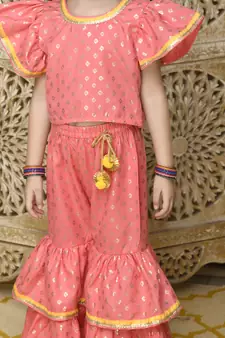 Dark Peach and Gold Sharara Top with Yellow Lace Detailing