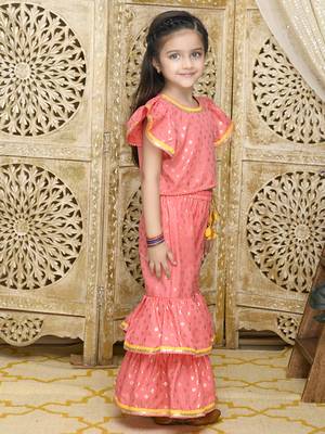 Dark Peach and Gold Sharara Top with Yellow Lace Detailing 5