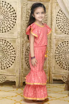 Dark Peach and Gold Sharara Top with Yellow Lace Detailing