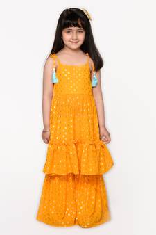 Orange foil printed sharara kurta set with tassels