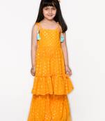 Orange foil printed sharara kurta set with tassels