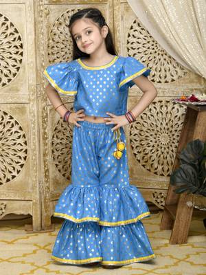 Blue & Gold Sharara Top with Yellow Lace Detailing 1