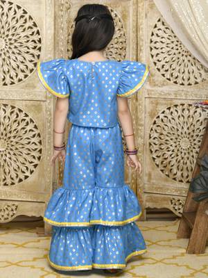 Blue & Gold Sharara Top with Yellow Lace Detailing 2