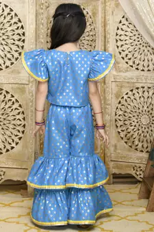 Blue & Gold Sharara Top with Yellow Lace Detailing