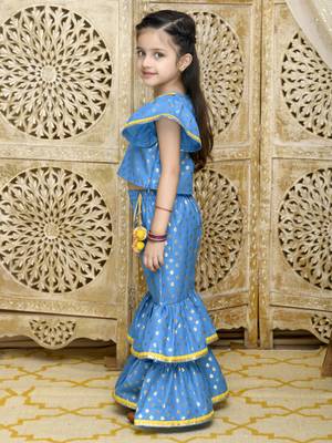 Blue & Gold Sharara Top with Yellow Lace Detailing 3