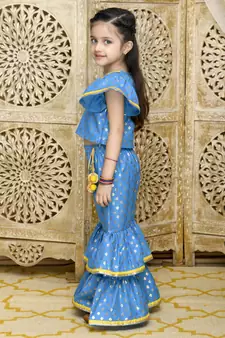 Blue & Gold Sharara Top with Yellow Lace Detailing
