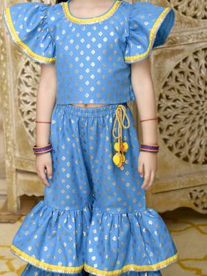 Blue & Gold Sharara Top with Yellow Lace Detailing 4