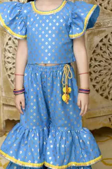 Blue & Gold Sharara Top with Yellow Lace Detailing