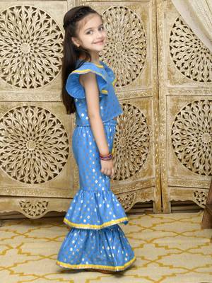 Blue & Gold Sharara Top with Yellow Lace Detailing 5