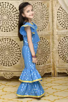 Blue & Gold Sharara Top with Yellow Lace Detailing
