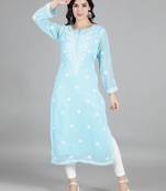 Hand Embroidered Blue Georgette Lucknowi Chikankari Kurti for Women with Slip