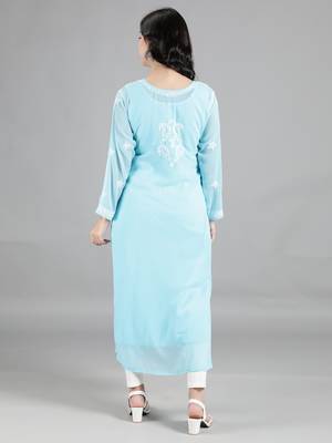 Hand Embroidered Blue Georgette Lucknowi Chikankari Kurti for Women with Slip 2