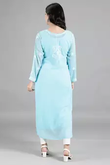 Hand Embroidered Blue Georgette Lucknowi Chikankari Kurti for Women with Slip