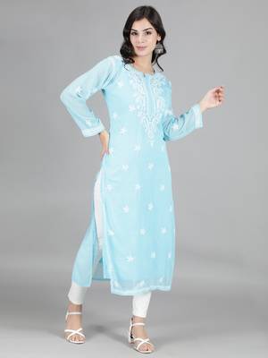 Hand Embroidered Blue Georgette Lucknowi Chikankari Kurti for Women with Slip 4