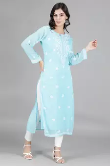 Hand Embroidered Blue Georgette Lucknowi Chikankari Kurti for Women with Slip