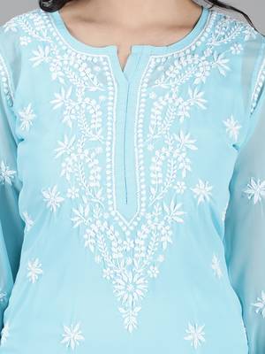 Hand Embroidered Blue Georgette Lucknowi Chikankari Kurti for Women with Slip 5