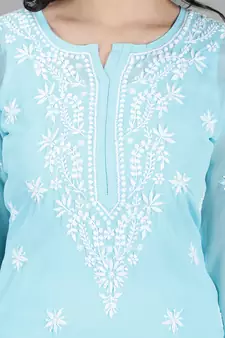 Hand Embroidered Blue Georgette Lucknowi Chikankari Kurti for Women with Slip