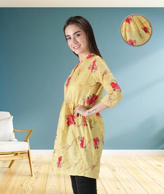 Yellow printed cotton ethnic-kurtis 2
