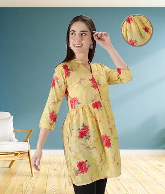 Yellow printed cotton ethnic-kurtis 3