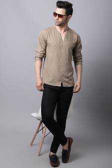Beige plain cotton men-kurtas