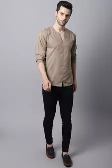 Beige plain cotton men-kurtas