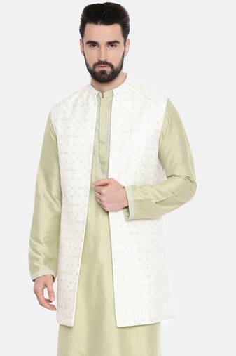 Long Open Chanderi Emb Jacket