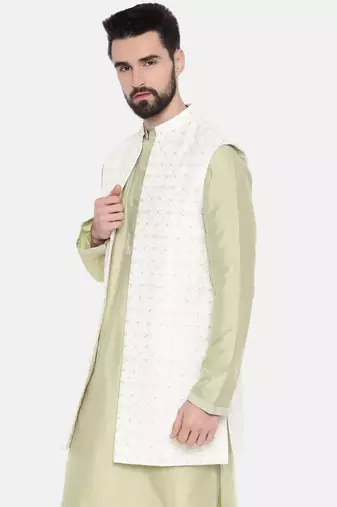 Long Open Chanderi Emb Jacket