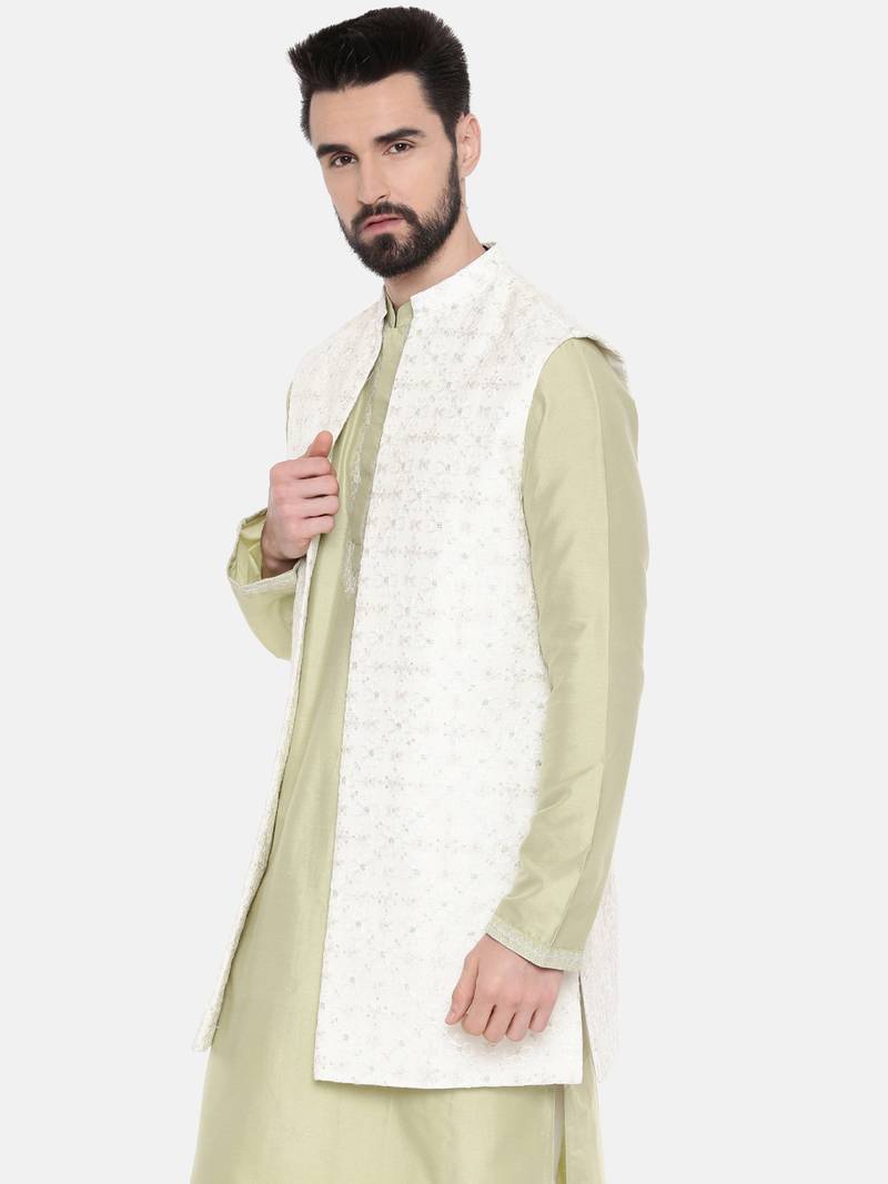 Long Open Chanderi Emb Jacket
