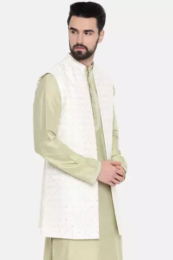 Long Open Chanderi Emb Jacket